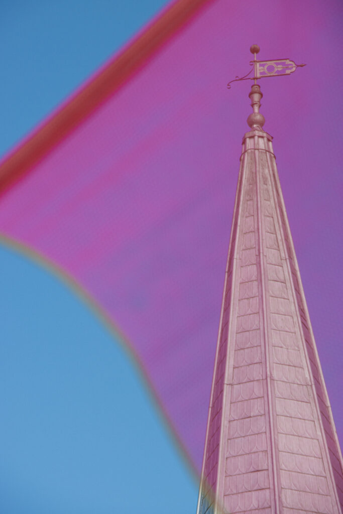 roof point seen through pink flag