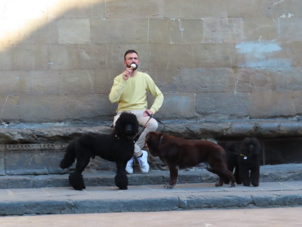 man eating gelato with his 2 dogs